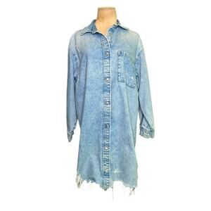 H&M light wash distressed shirt jean mini dress size XS